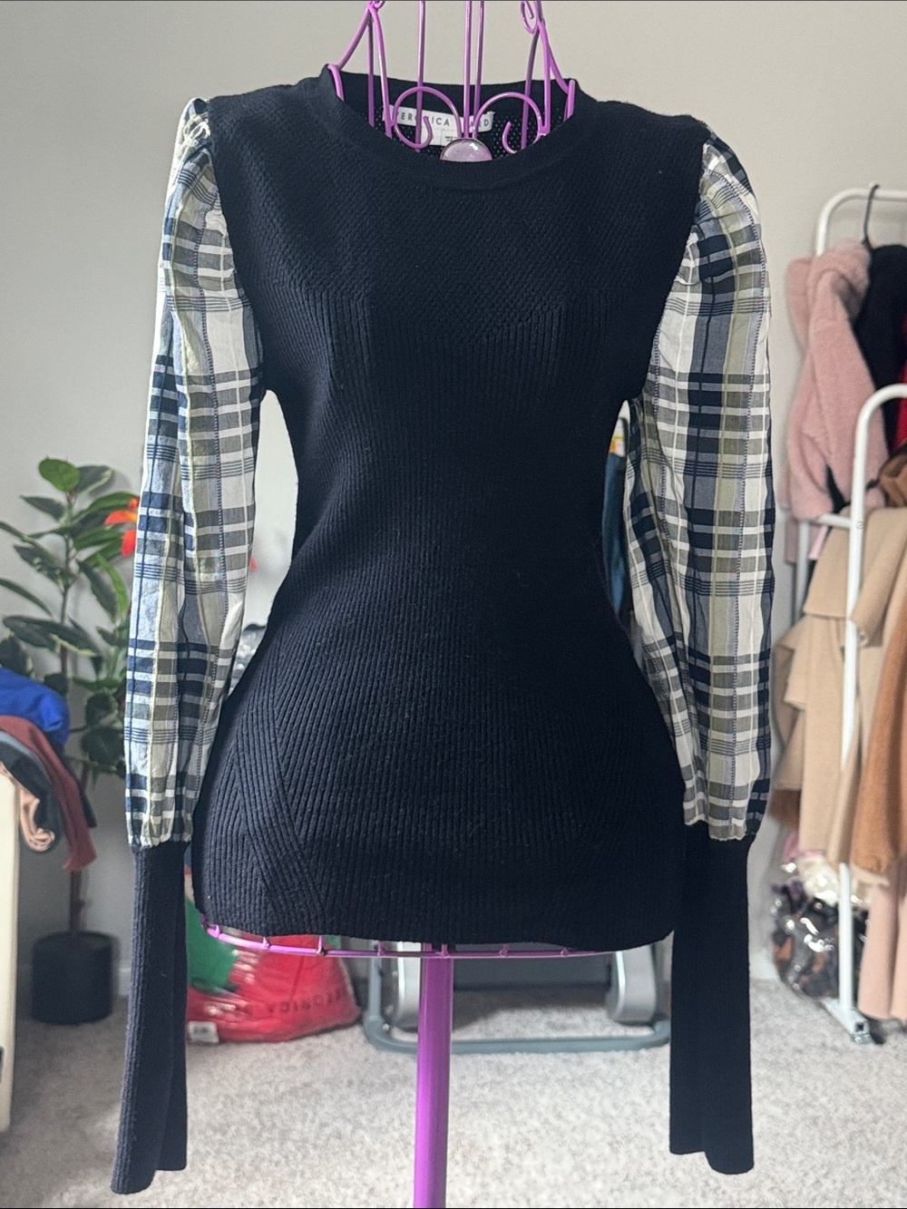 Veronica Beard Crewneck Sweater with Plaid Puff Sleeves on Navy Blue plaid